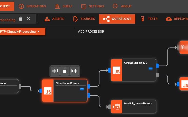 layline.io Visual Pipeline Designer showing real-time data flow