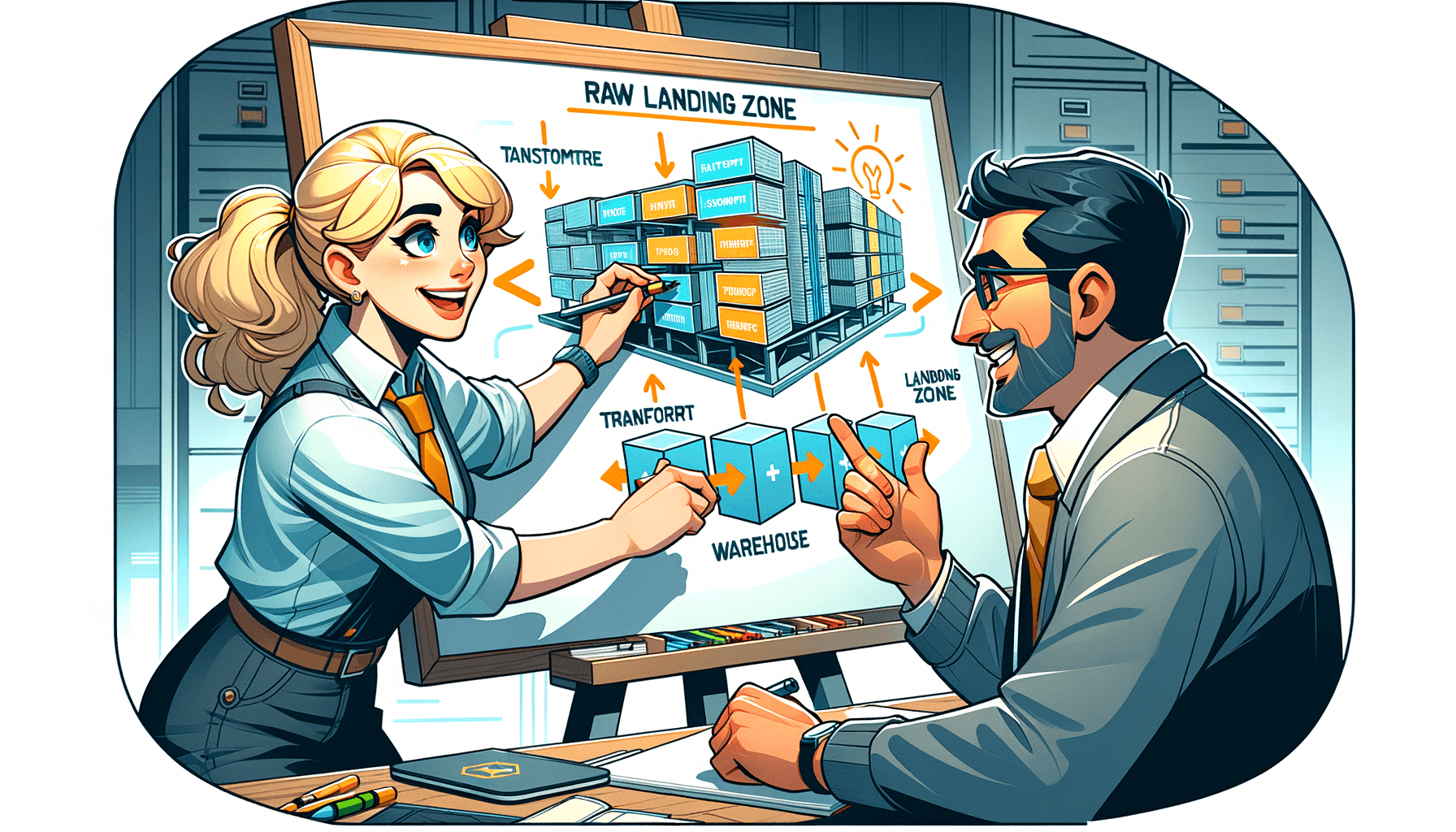 Data engineers collaborating around a pipeline diagram showing raw landing zone architecture