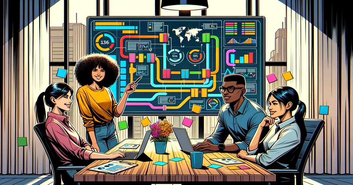 A diverse team collaborating around a digital whiteboard
