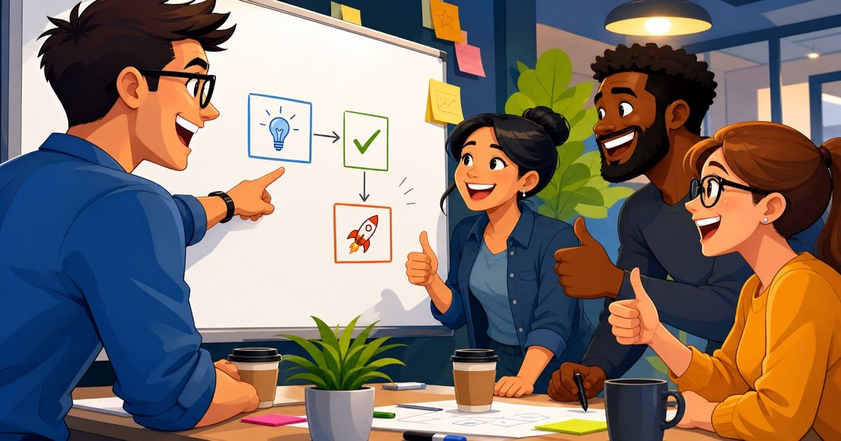 A diverse team of engineers gathered around a whiteboard, enthusiastically collaborating on a simple solution with celebratory energy