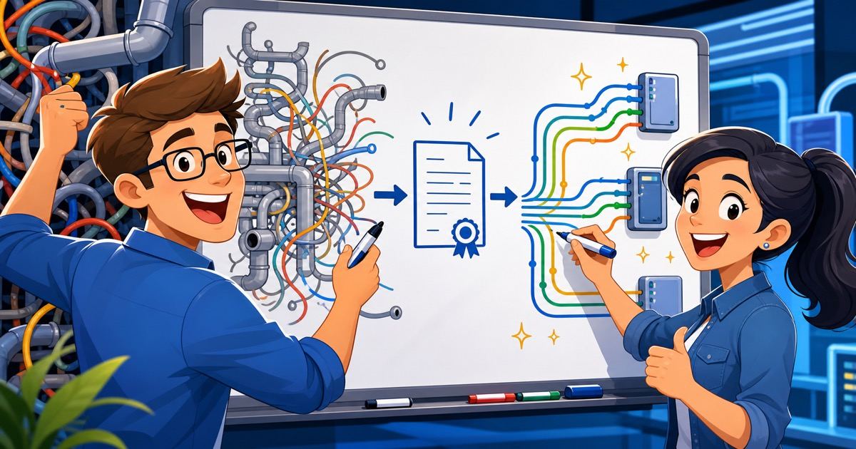 Engineers collaborating at a whiteboard showing the transformation from chaotic data flows to organized contract-based data streams