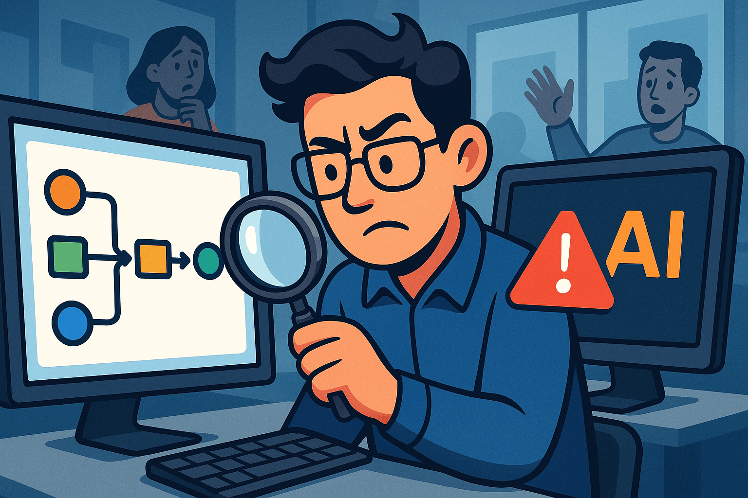 Data engineer reviewing pipeline workflow on dual monitors with AI code assistant panel open
