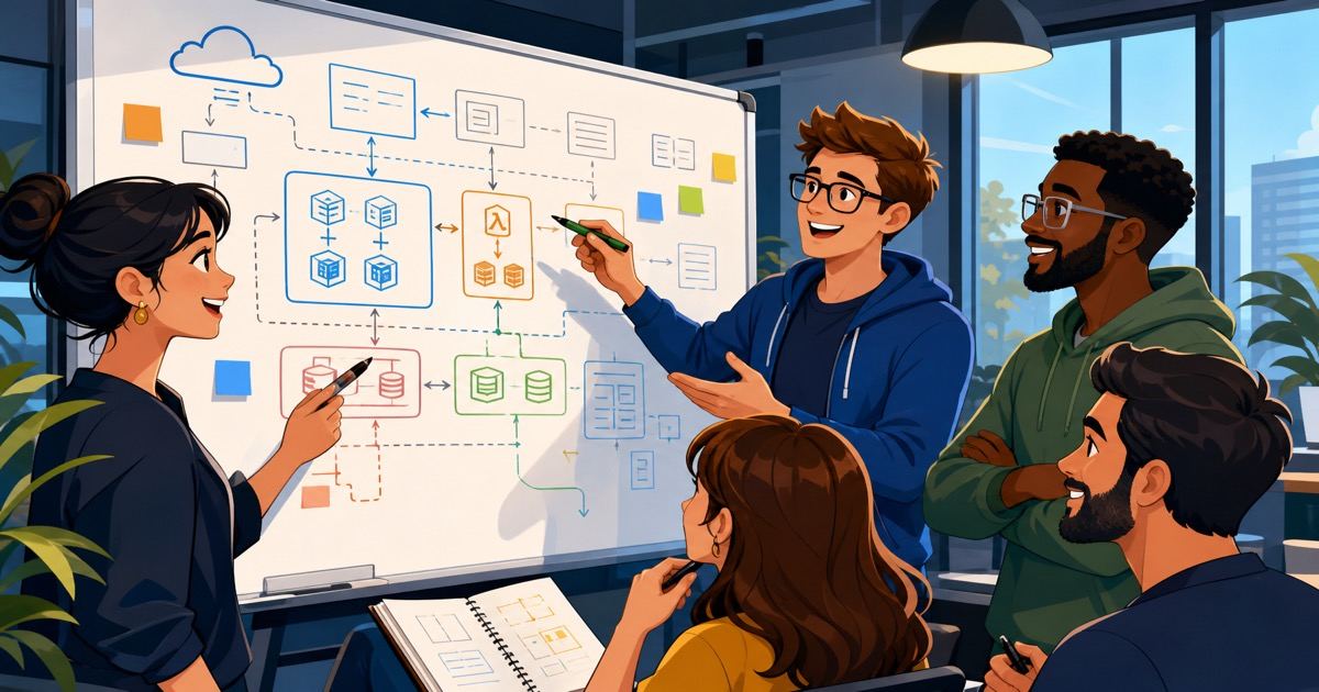 Engineers gathered around a whiteboard making strategic decisions about their data architecture, with expressions of confidence and clarity