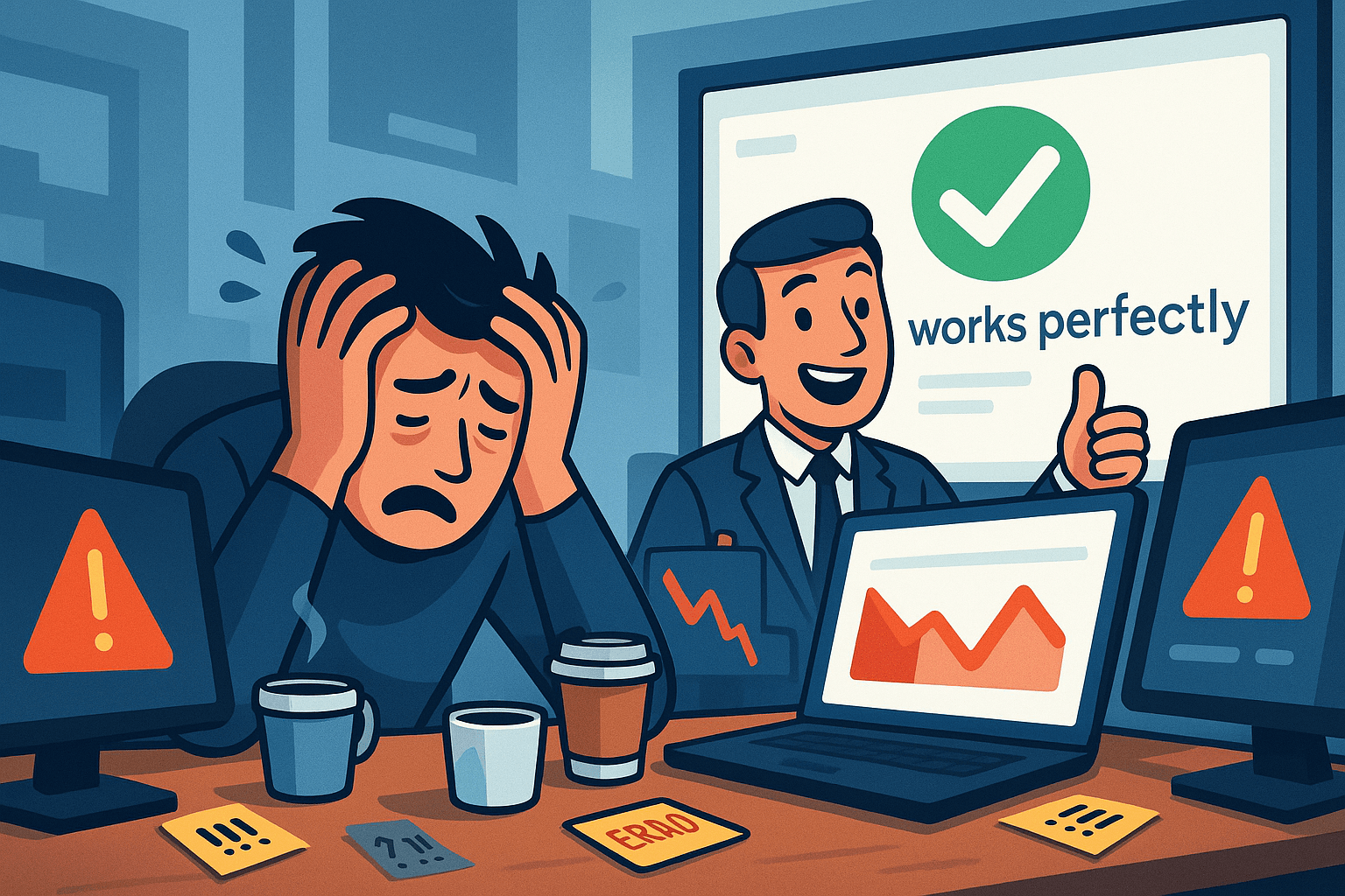A stressed data engineer at a desk covered in red alerts while a cheerful sales rep presents a perfect demo screen behind them