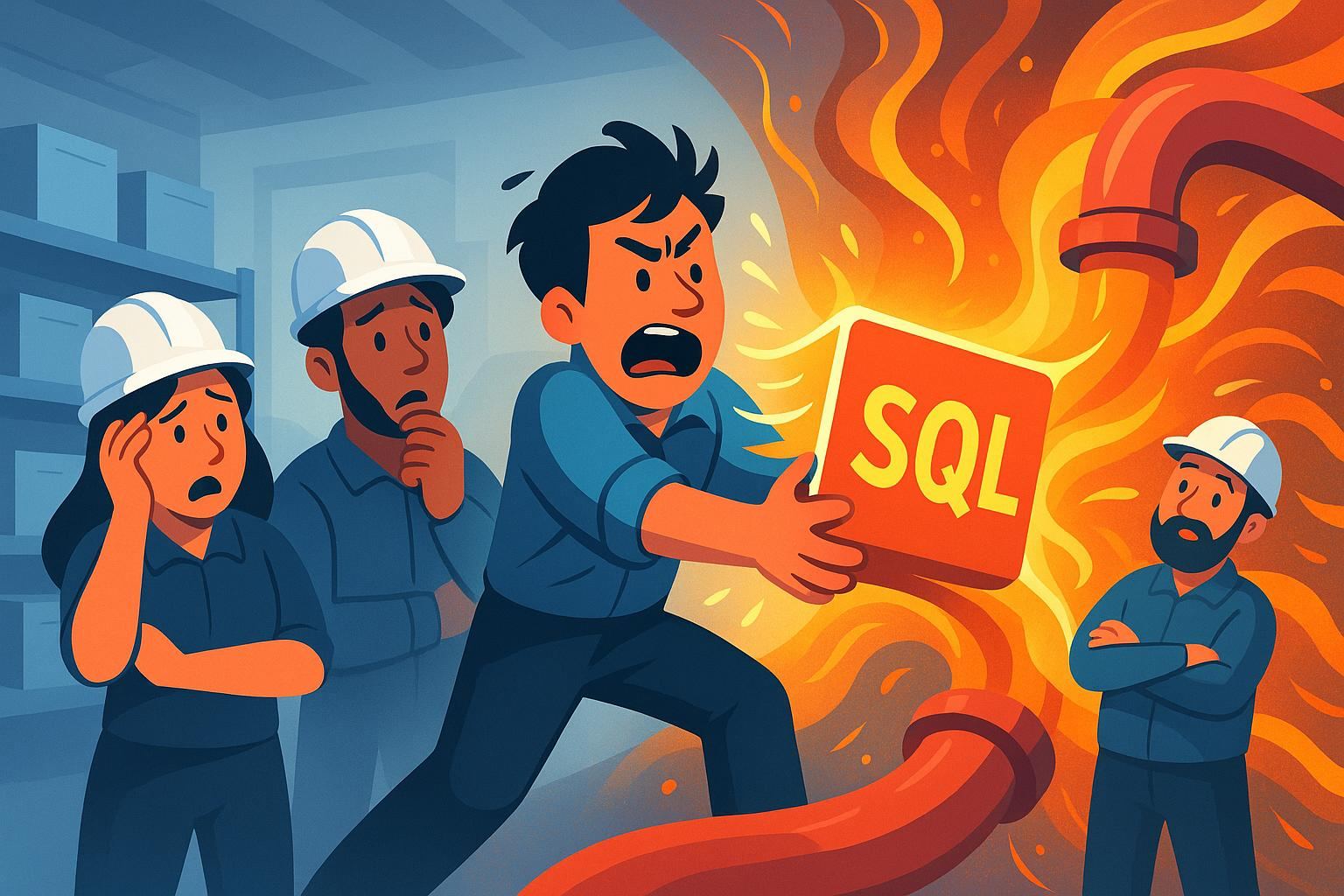 A team of engineers standing at the boundary between a calm warehouse room and a chaotic streaming pipeline room, with one person trying to hold a SQL model that is stretching and deforming between the two spaces